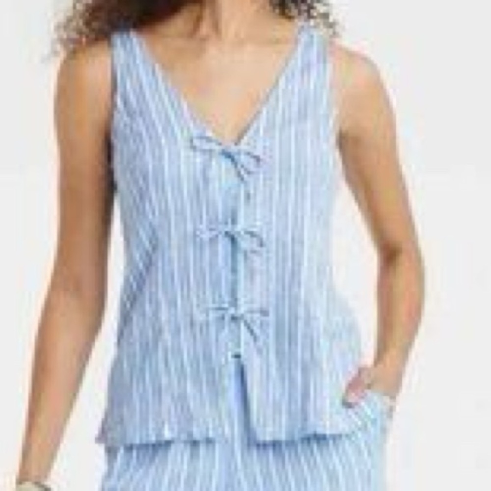 Striped Vest Style Open Front W/ Ties Blue & white Strips Sleeveless Crop Top